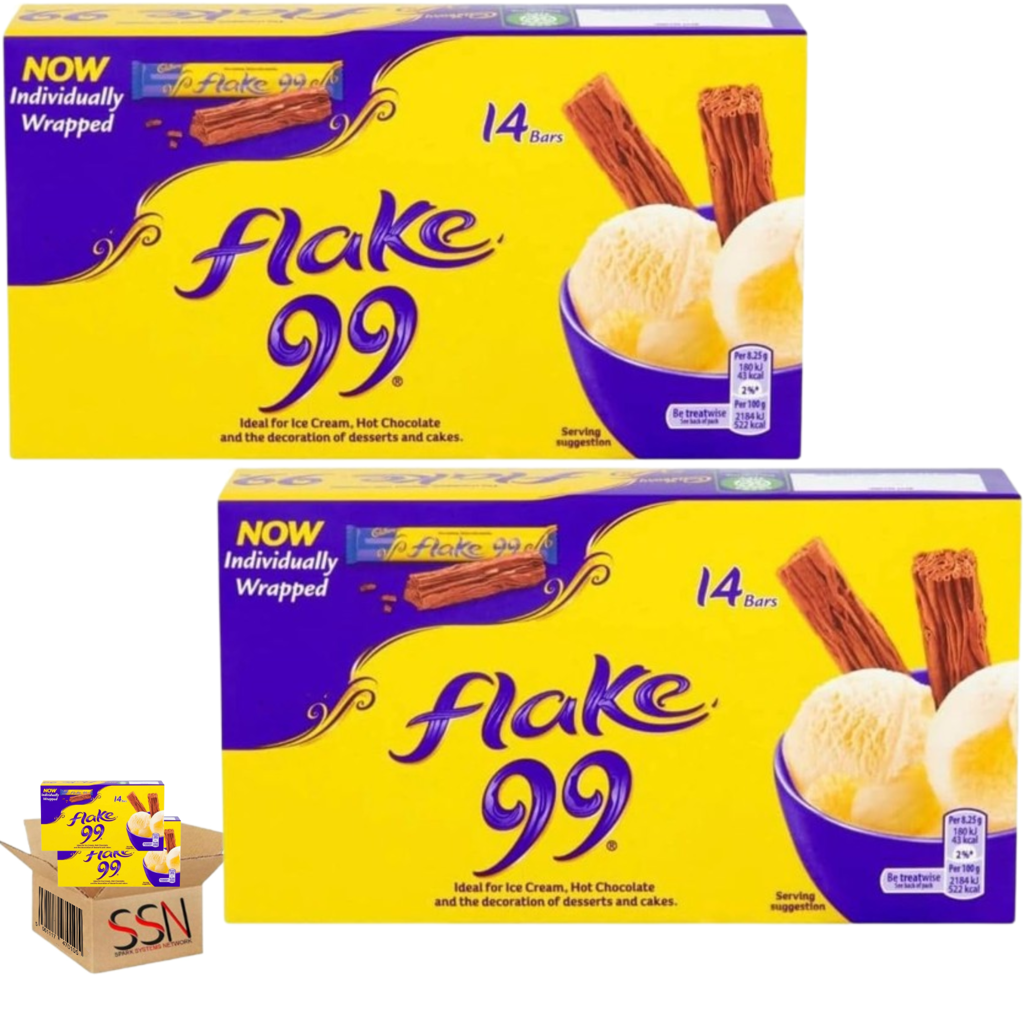 Cadbry Flake 99 Milk Chocolate Bars, 14 Pack, Crumbly, Flaky Pack of 2x By SSN Spark Systems Network